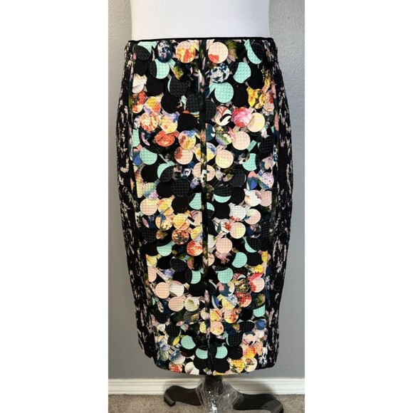 Beguile by Byron Lars Black Printed Midi Multicolored Stretch Pencil Skirt Sz 4 - Picture 1 of 9